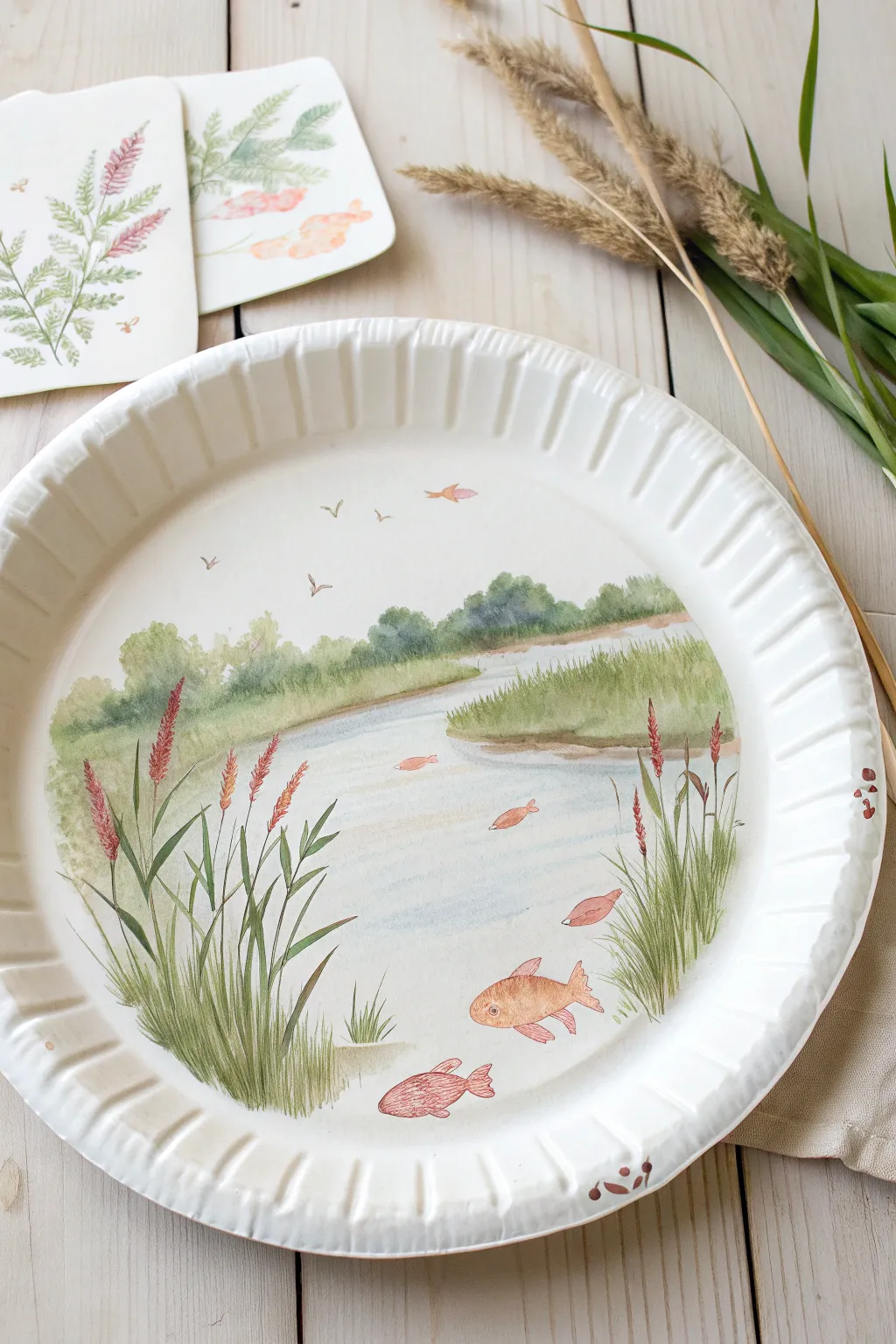 Crafting serenity: A minimalist riverscape on a paper plate.