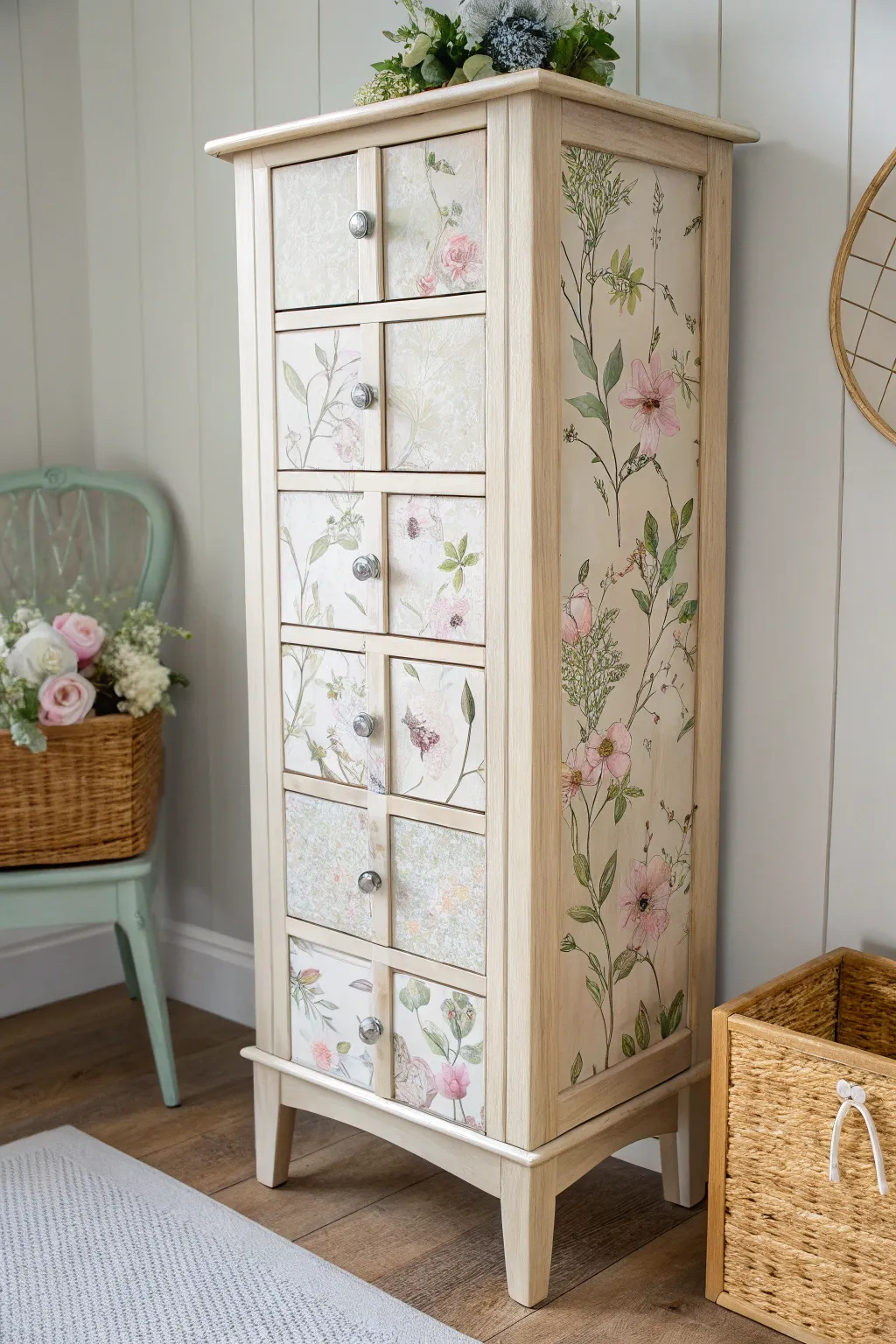 Transform your space with a touch of decoupage magic: a whimsical floral delight on a minimalist jewelry armoire.