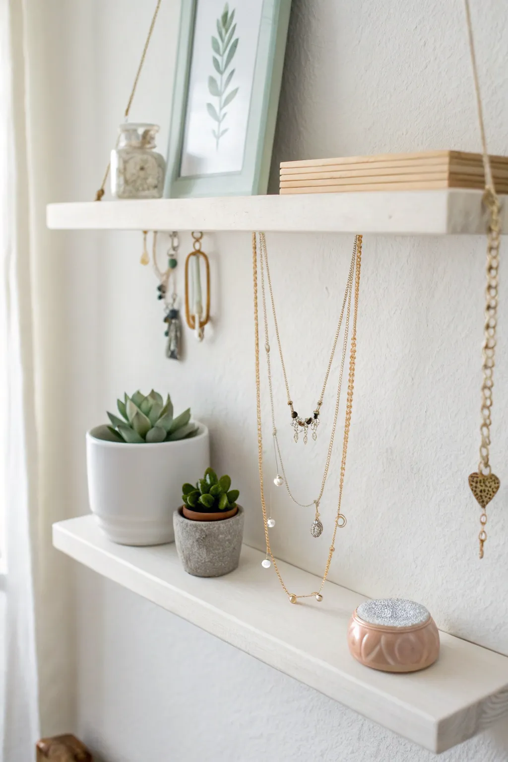 Elevate your jewelry display with minimalist floating shelves for a touch of elegance and style.
