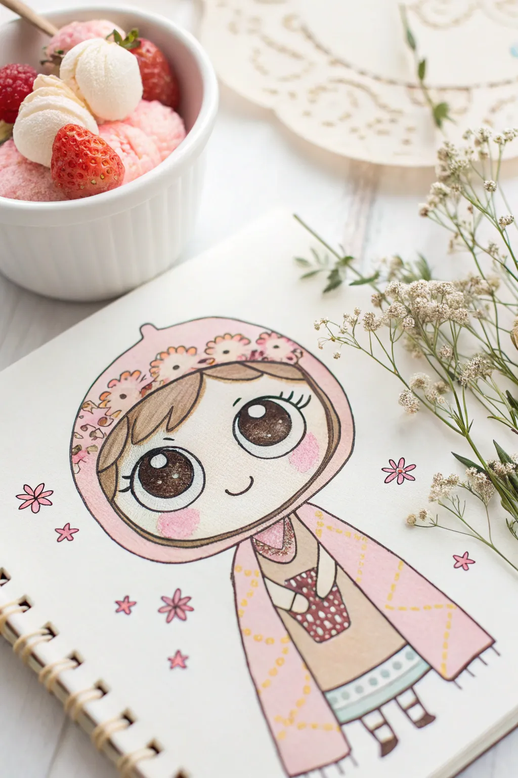 Capture the charm of kawaii with this minimalist character illustration, blending simplicity with a touch of boho elegance.