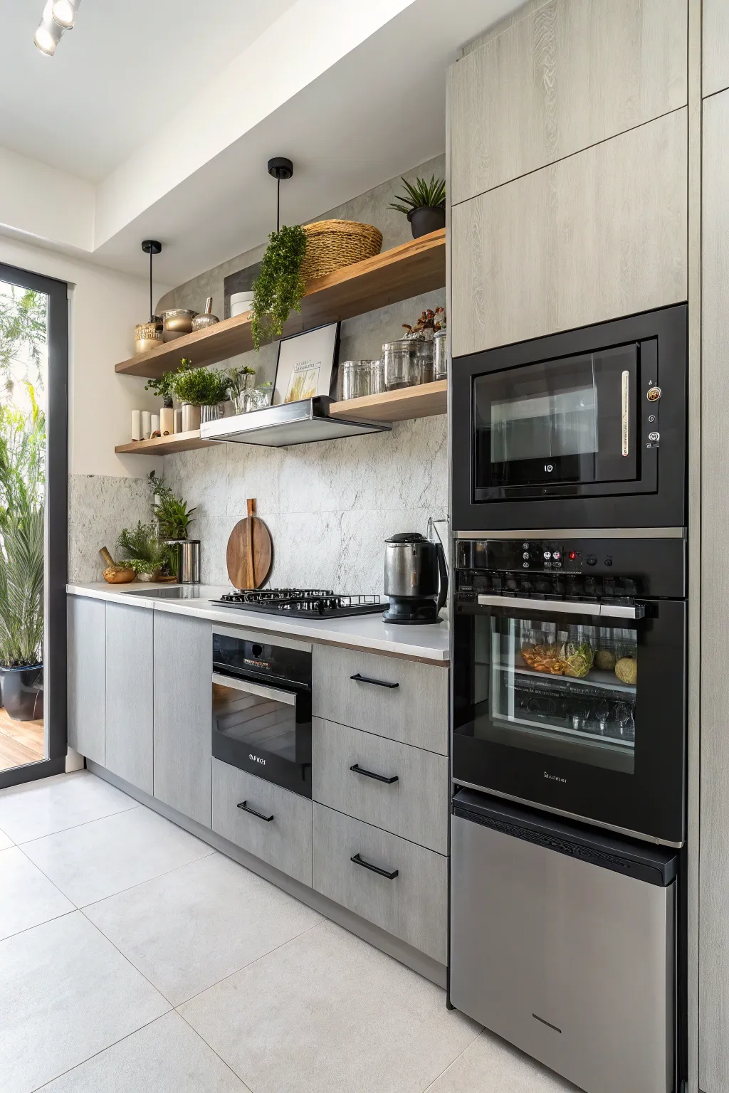 Modern appliances blend seamlessly into the kitchen alcove for a sleek finish.