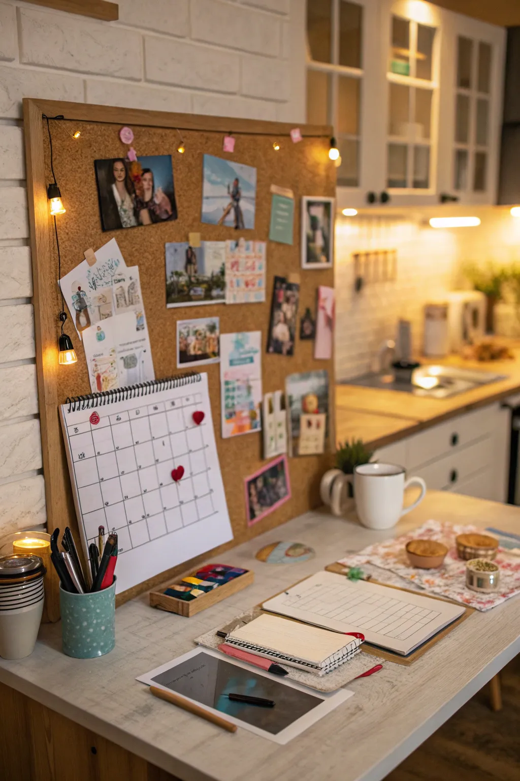 A corkboard wall adds a personal touch to the workspace.