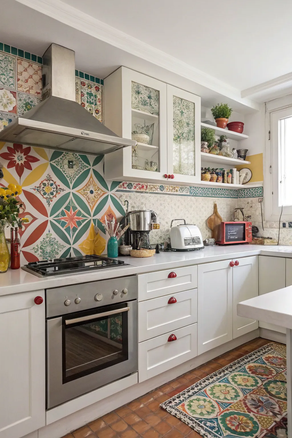 A vibrant backsplash adds a splash of color and personality to the white countertops.