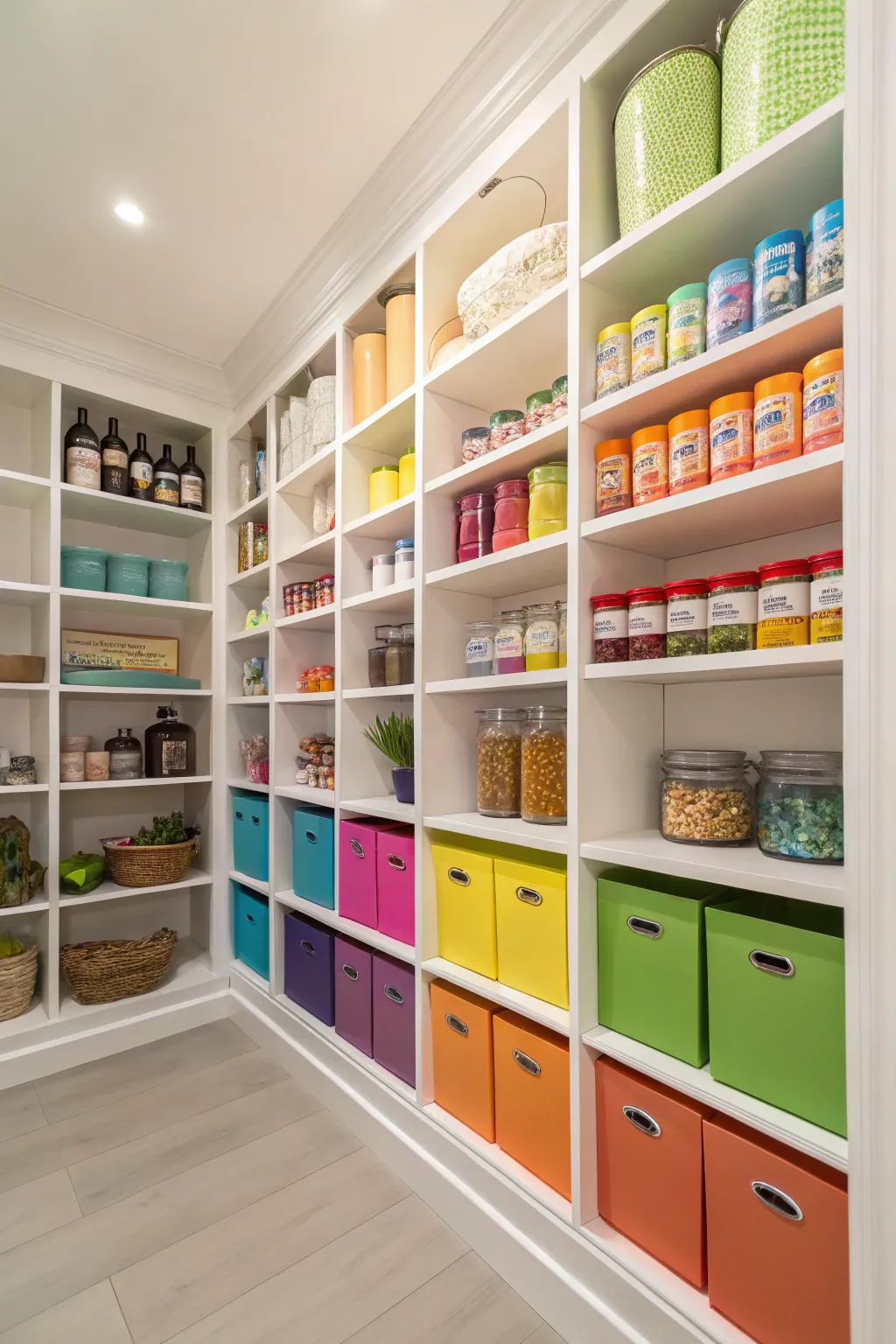 A bold pop of color on pantry shelves adds a vibrant touch to the kitchen.