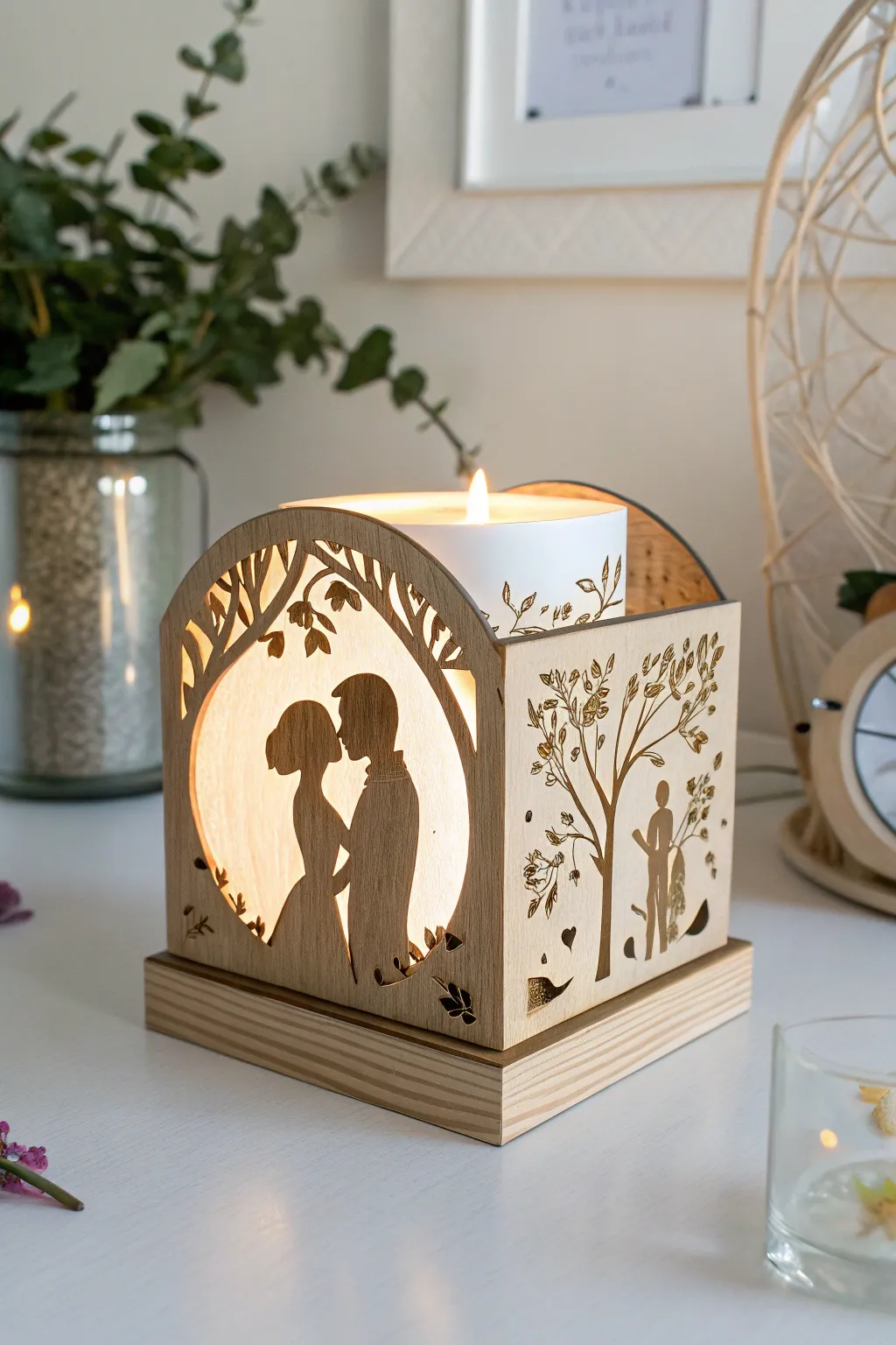 Embrace romance with a touch of minimalist elegance: this laser cut tea light holder casts love in a warm glow.