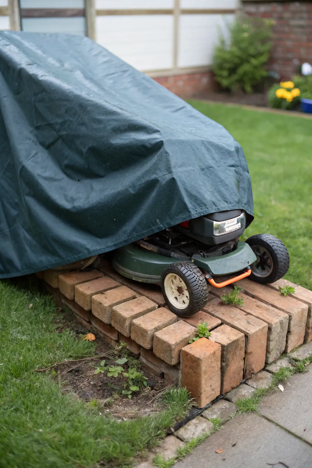 A lawn mower securely covered with a waterproof tarp outdoors.