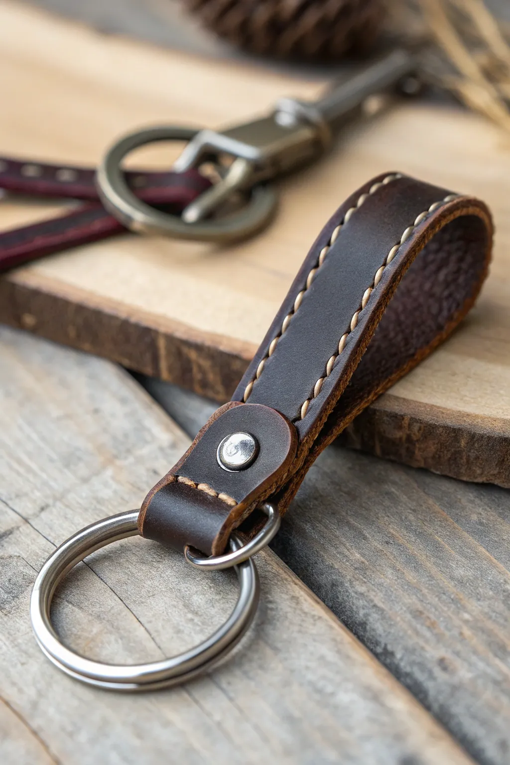 Discover the allure of mixed materials with this leather and metal keychain – where craftsmanship meets industrial elegance.