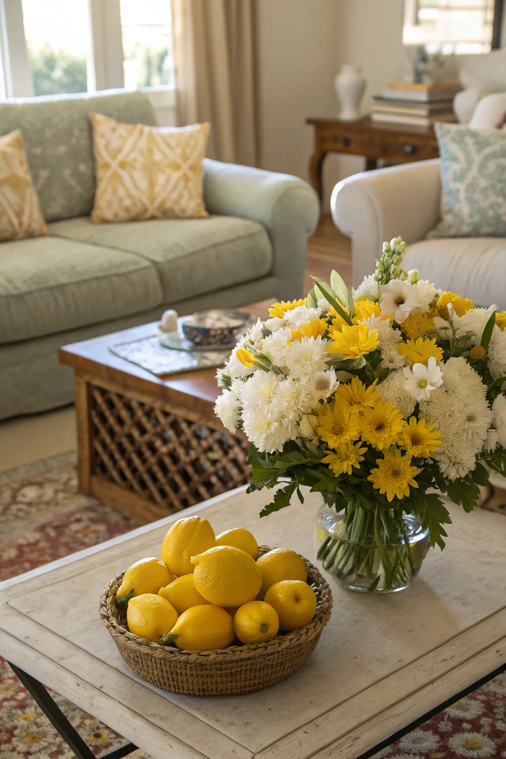 Lemon and floral bouquets add a splash of color to any room.