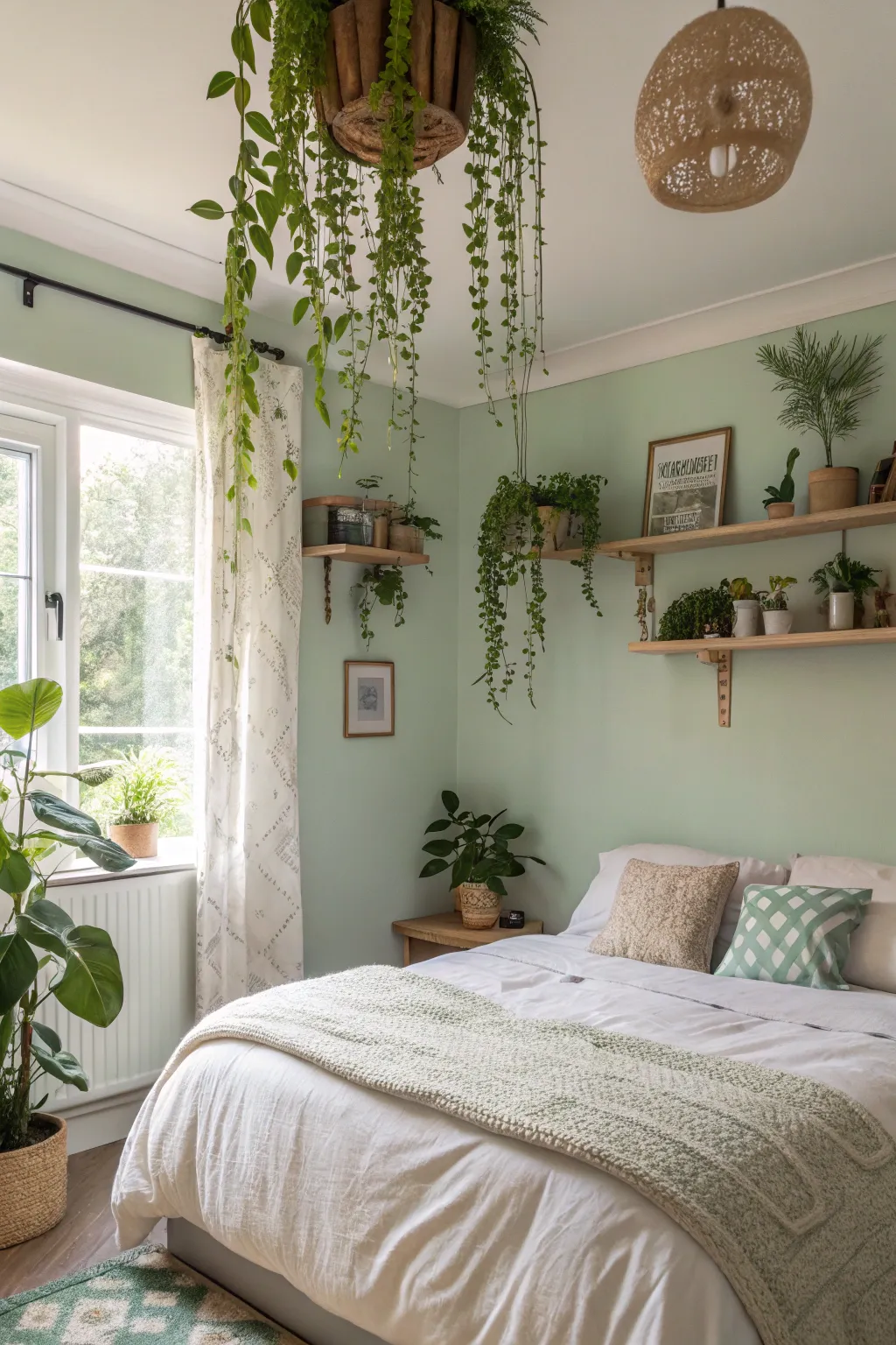 A serene bedroom with light sage tones and botanical accents.