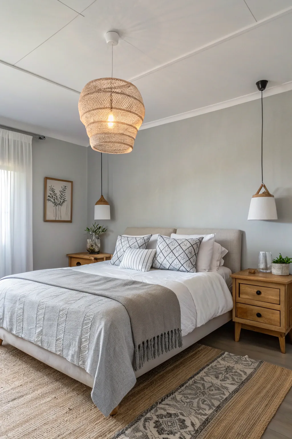 Minimalist lighting enhances the modern appeal of a light gray bedroom.