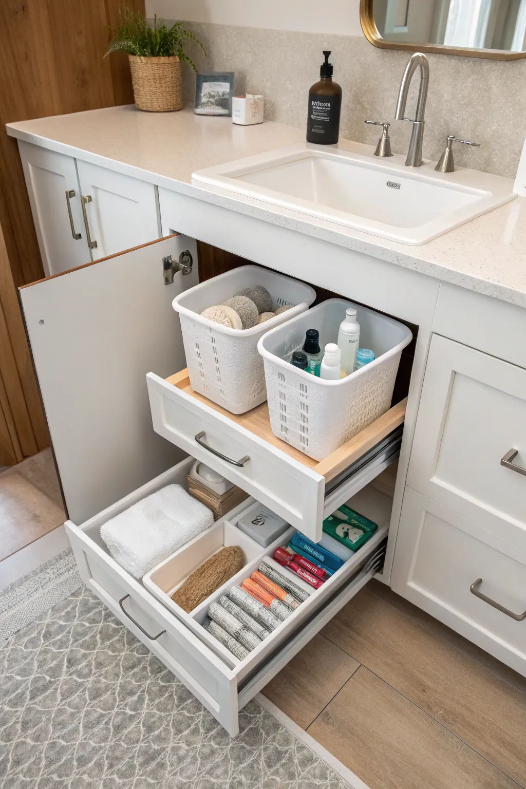 Integrated storage keeps litter essentials neatly tucked away.