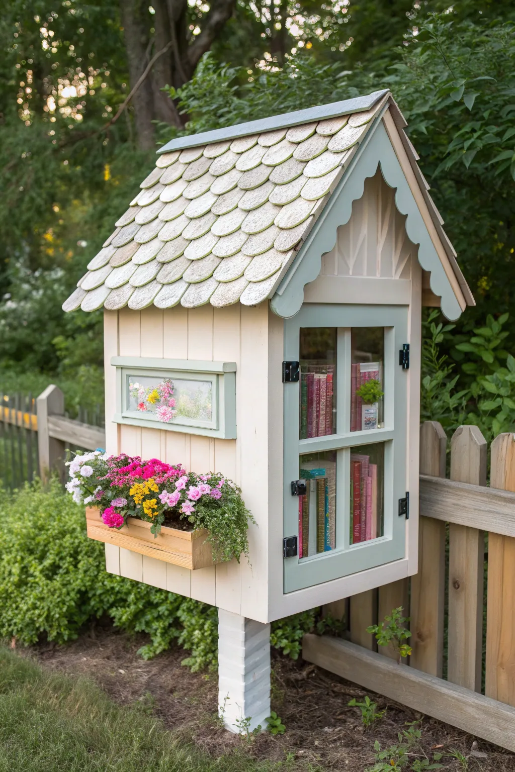 Transform your neighborhood with a cottage-style little free library, where simplicity meets natural beauty.