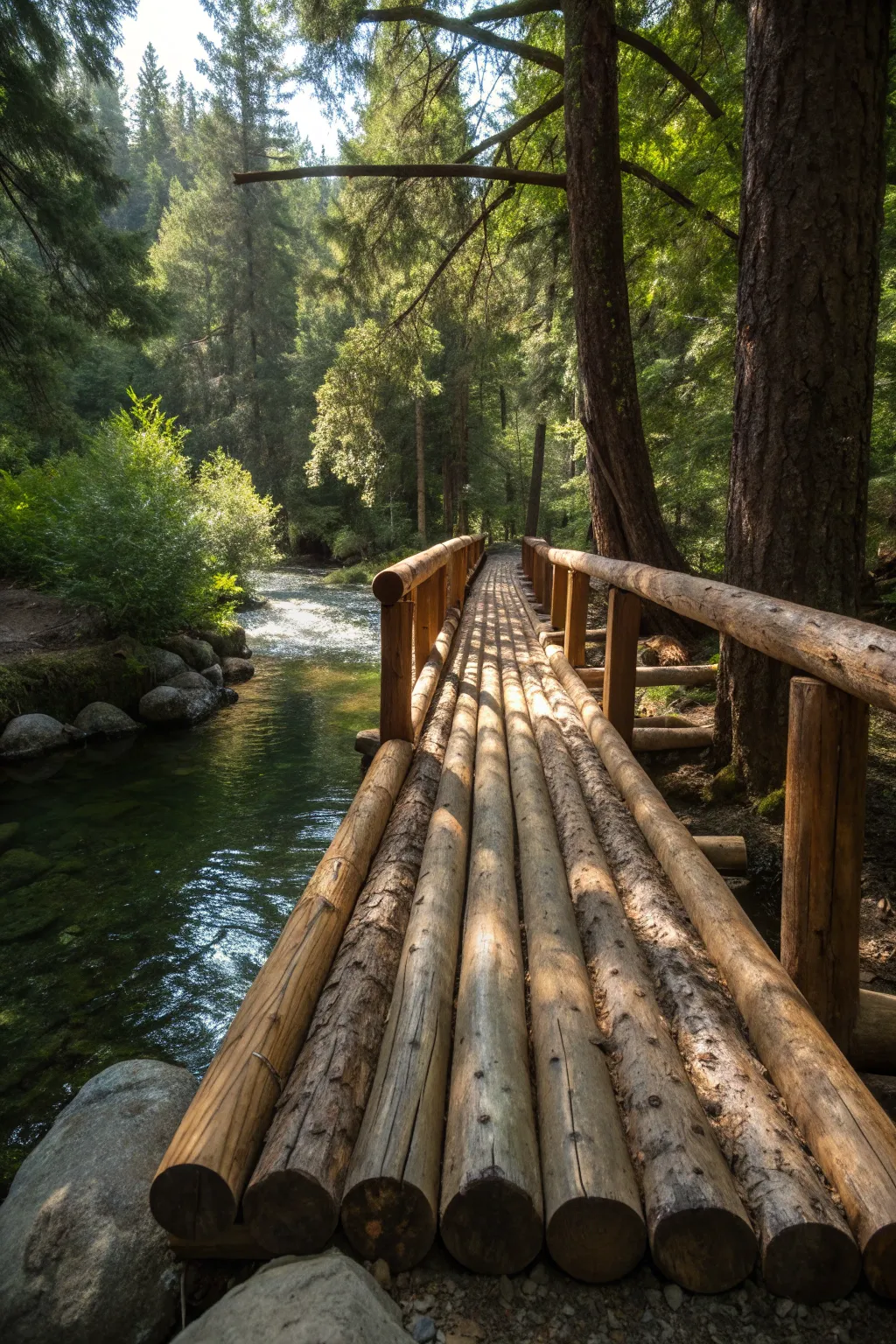 Discover the art of craftsmanship with this floating log bridge design, blending adventure with elegance.