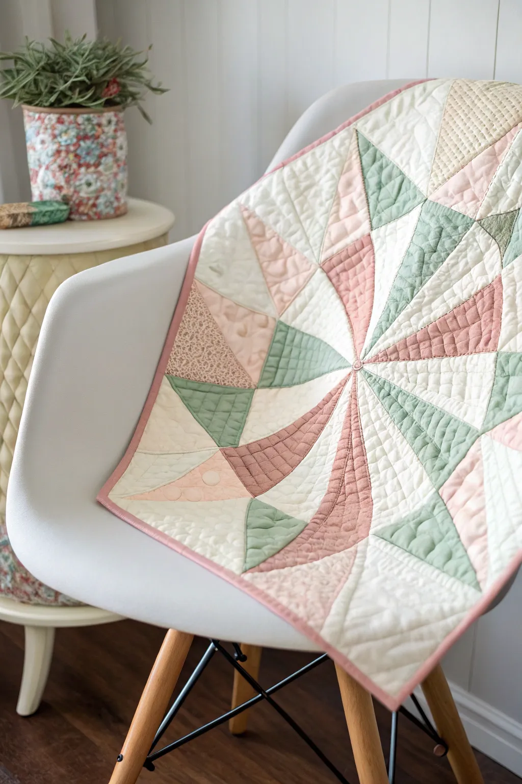 Add a playful twist to your space with this radiant pinwheel quilt, where craftsmanship meets minimalist charm.