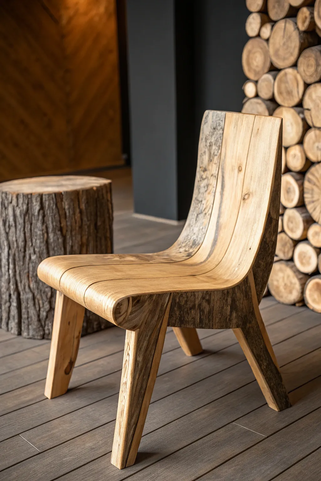 Simplicity in craftsmanship: A minimalist log chair that blends natural beauty with modern design.