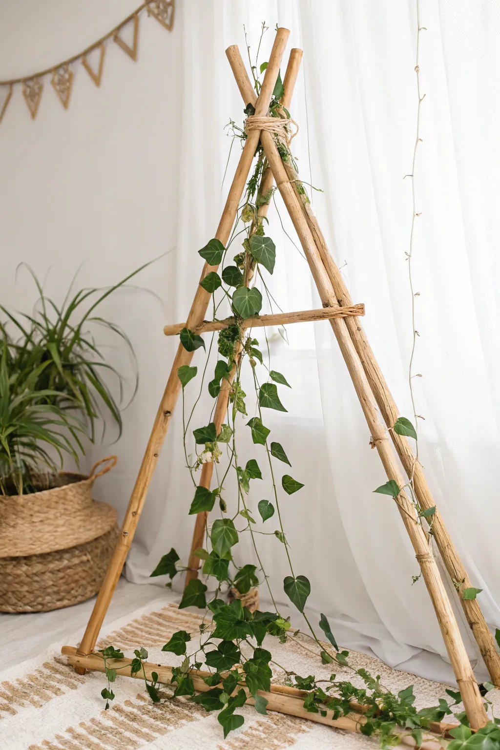 Embrace the art of simplicity with a handcrafted bamboo A-frame trellis, perfect for your growing loofahs.