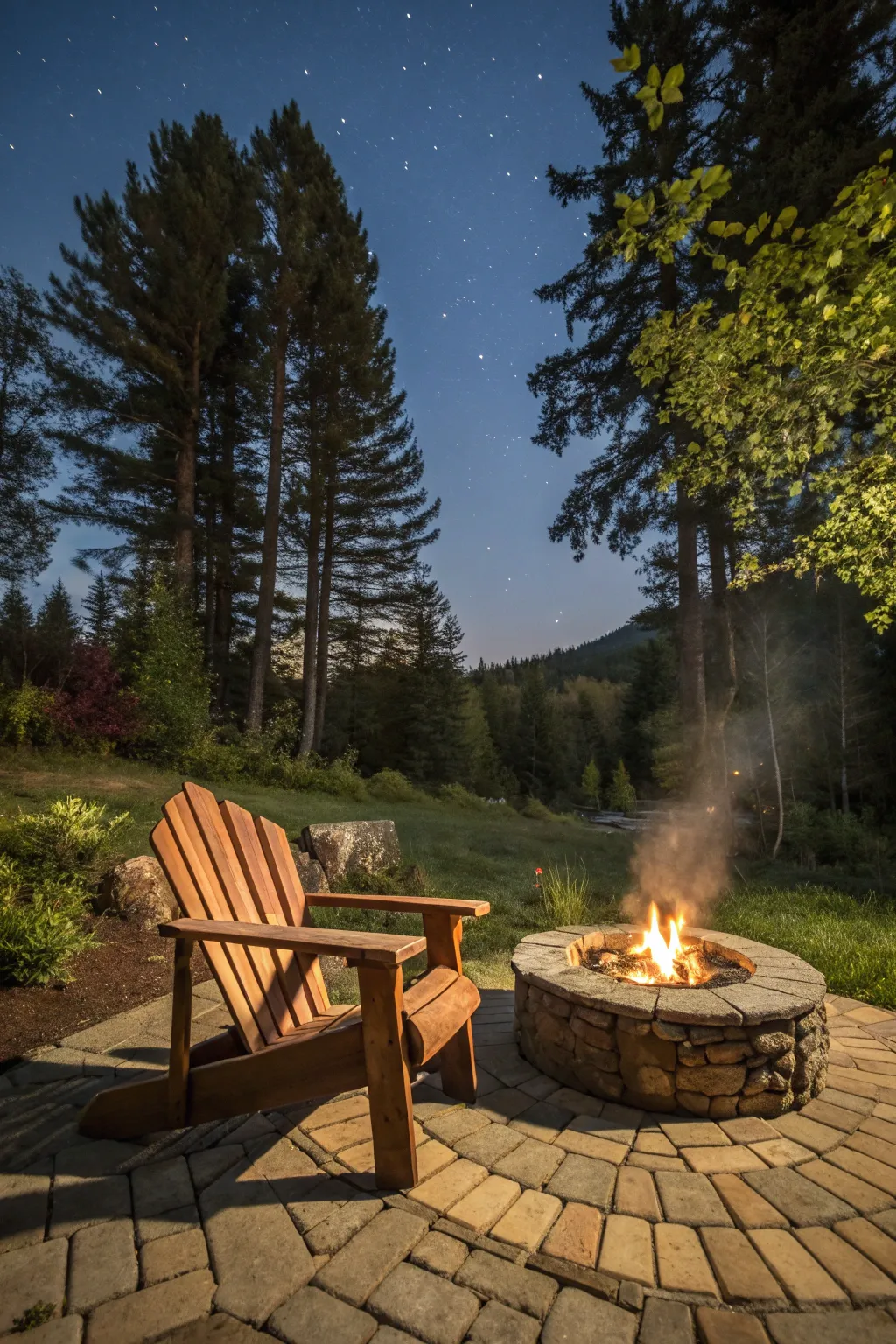 Embrace the cozy charm of Adirondack style under a starlit sky.