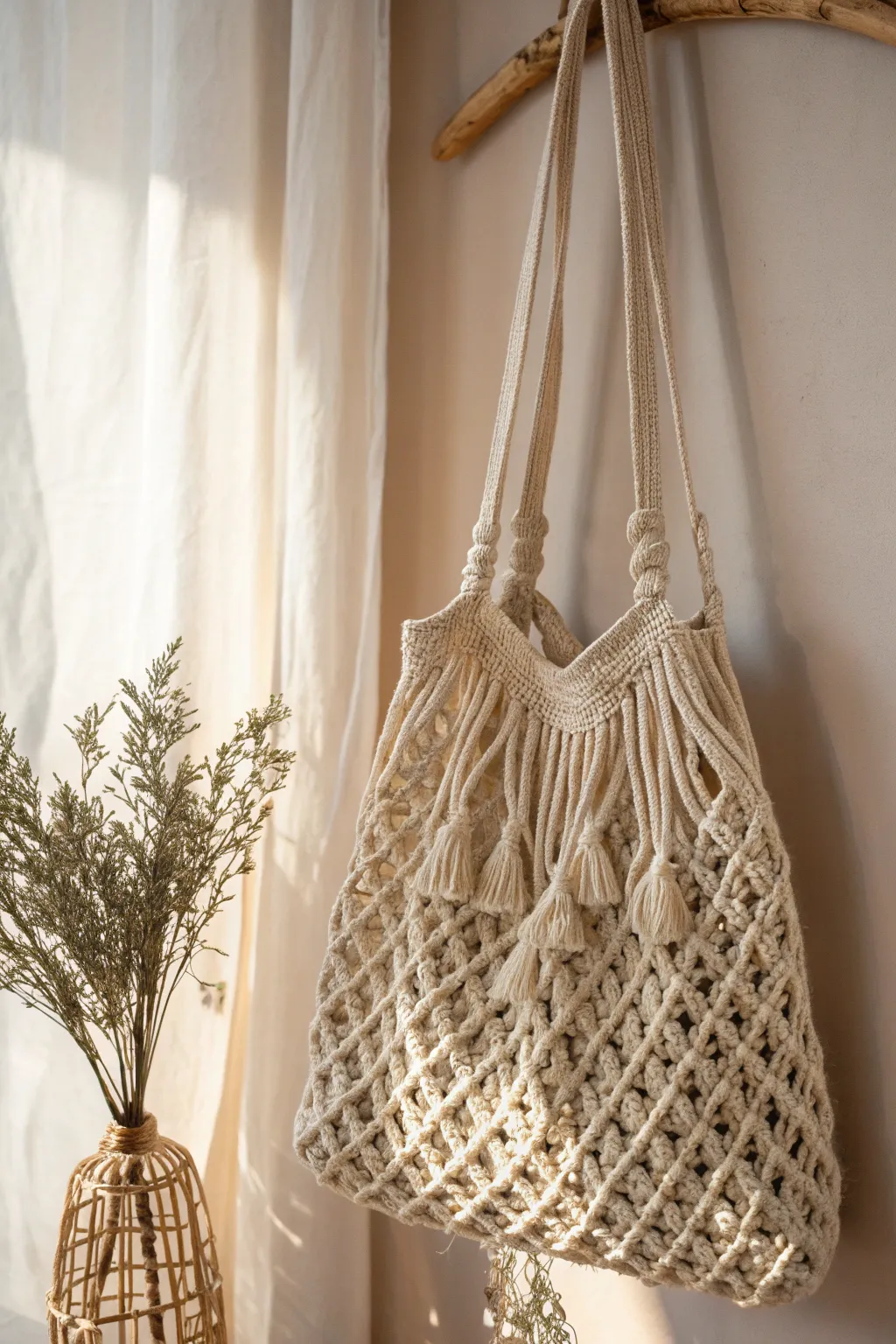 Elevate your style with this handcrafted macrame tote bag, where simplicity meets elegance.
