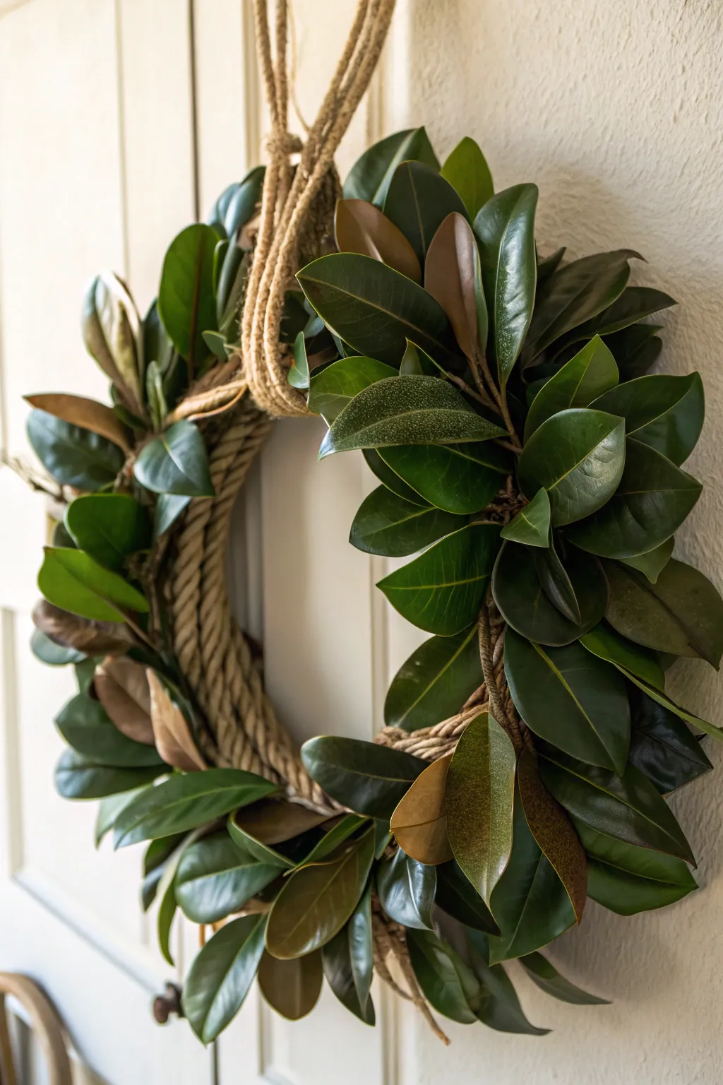 Craft with care: A stunning magnolia wreath that's as kind to the planet as it is to your home. 🌿✨ #EcoFriendlyDecor #MinimalistElegance