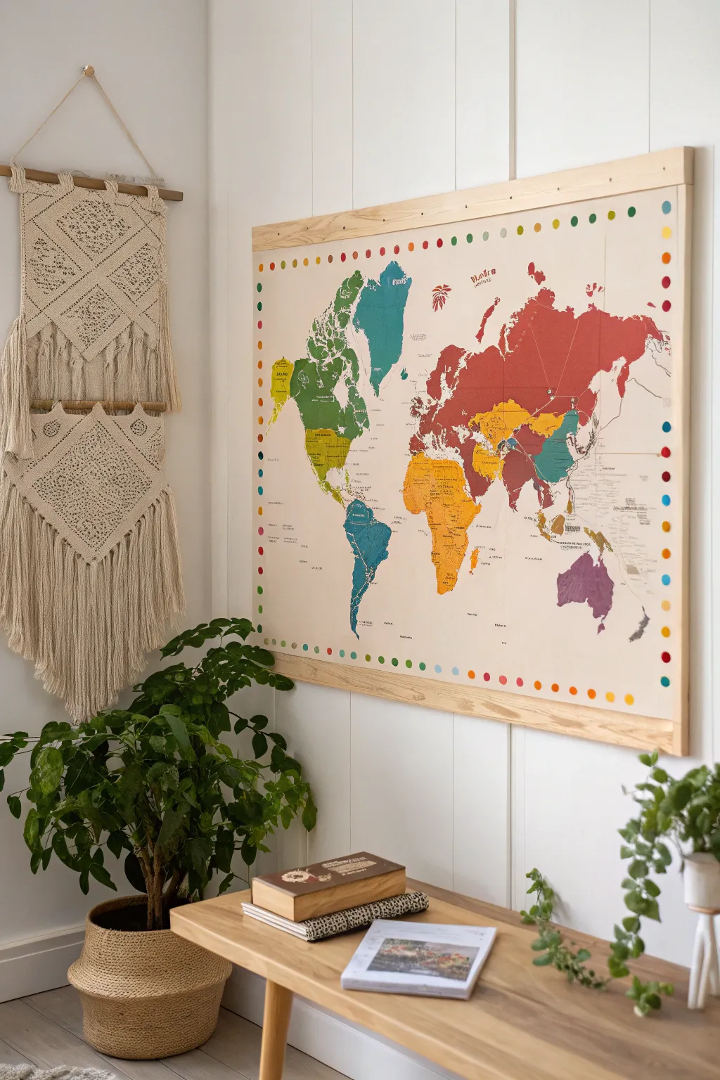 Discover the world in color with this vibrant map bulletin board, where Scandinavian simplicity meets Boho charm!