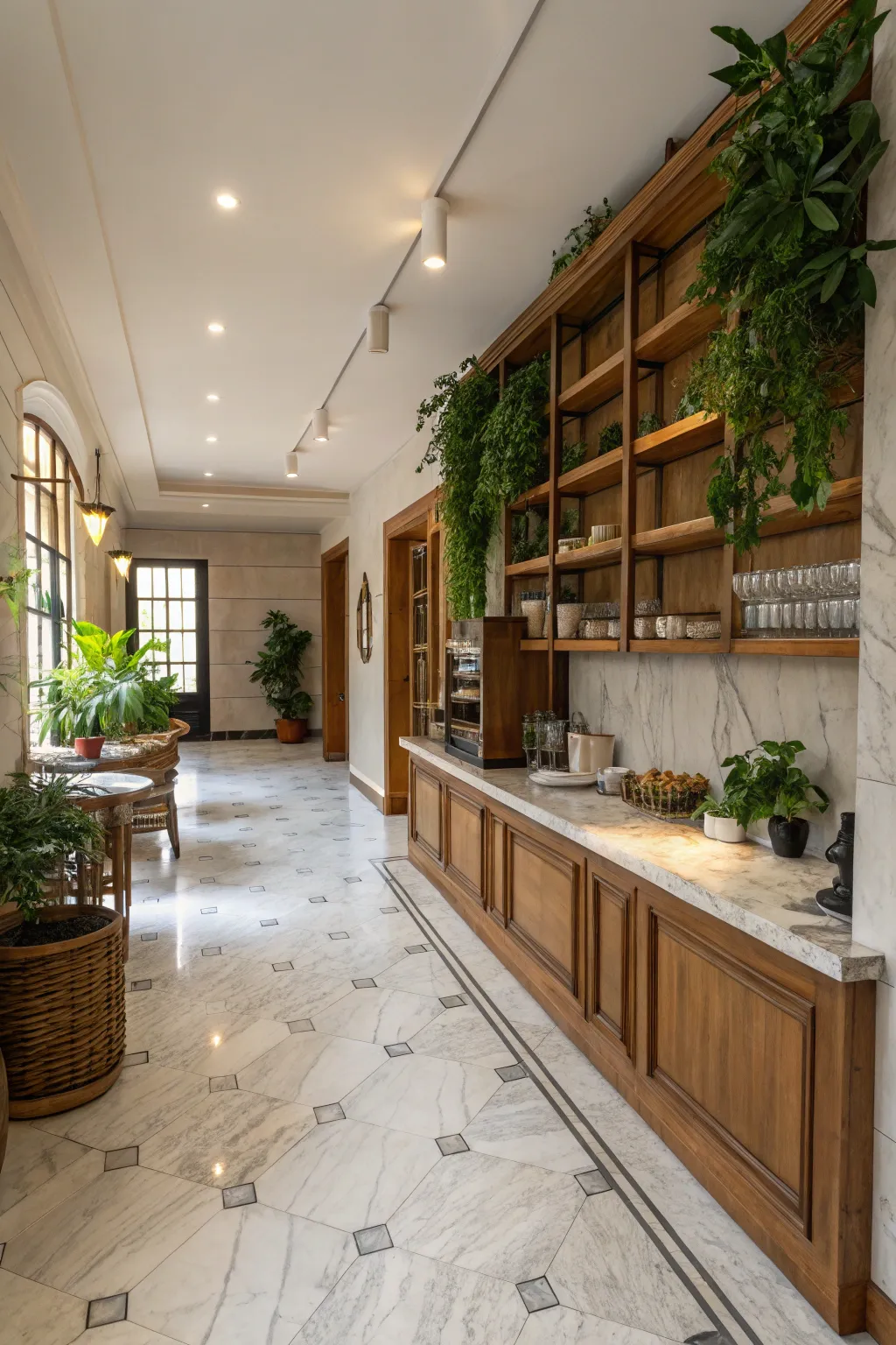 Marble meets nature with wood and greenery accents.