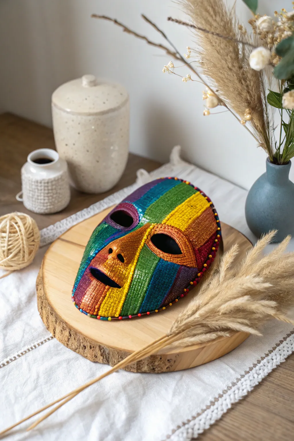 Add a splash of color to your day with this stunning handcrafted rainbow mask.