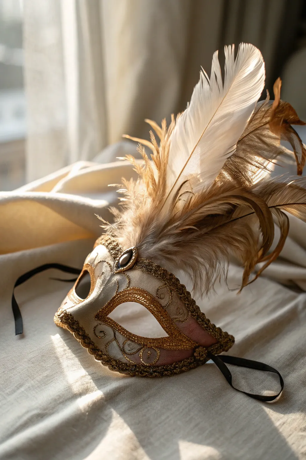Embrace the elegance of feathers in your art class with this exquisite masquerade mask, where simplicity meets natural beauty.