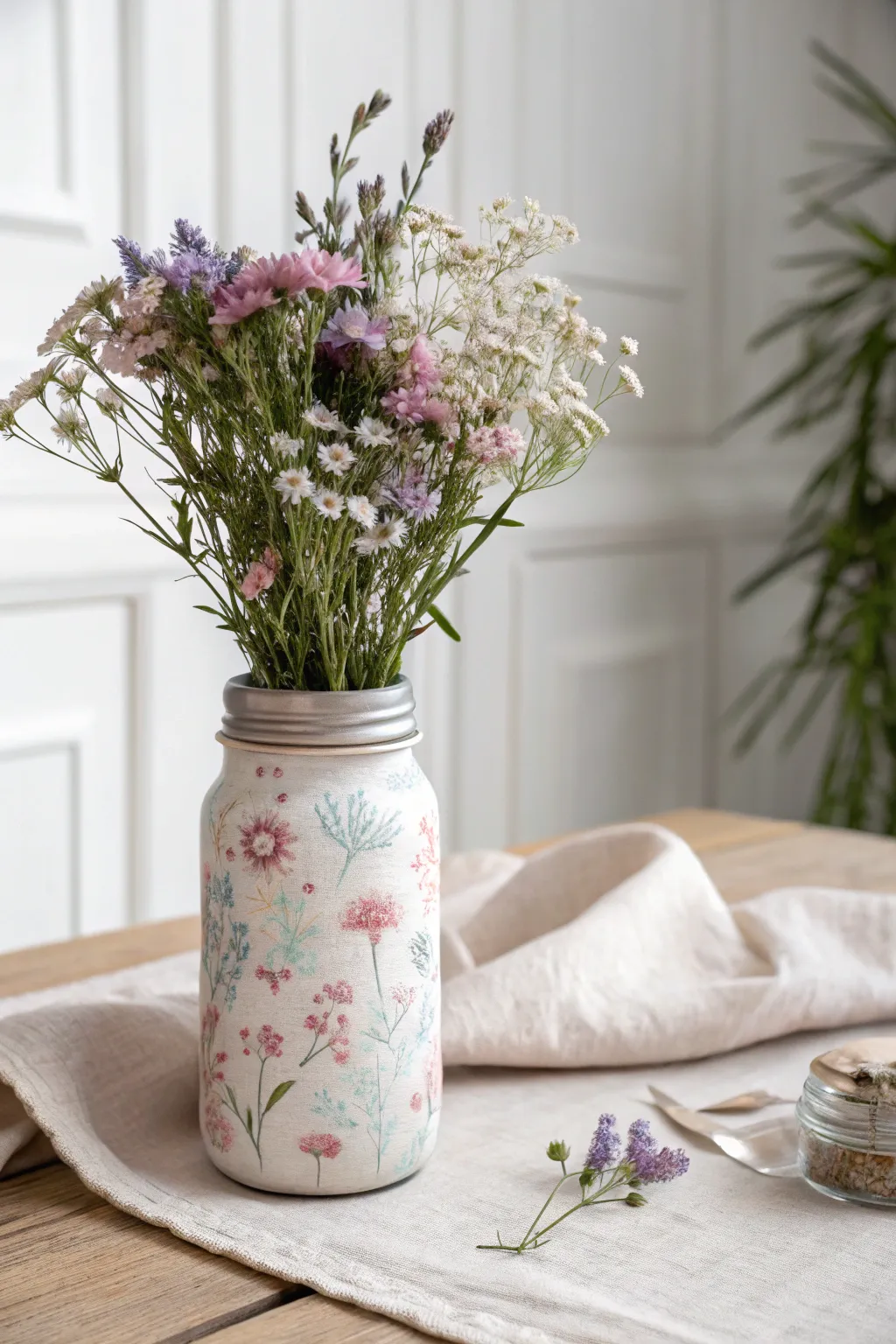 Bring the beauty of a garden into your home with this charming floral mason jar design.