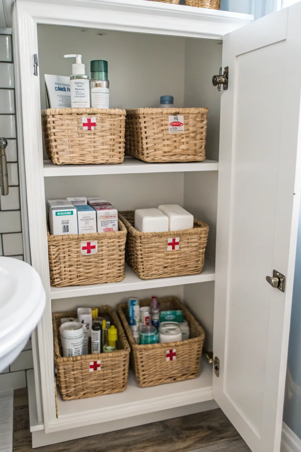 Small baskets help maintain order by grouping similar items.