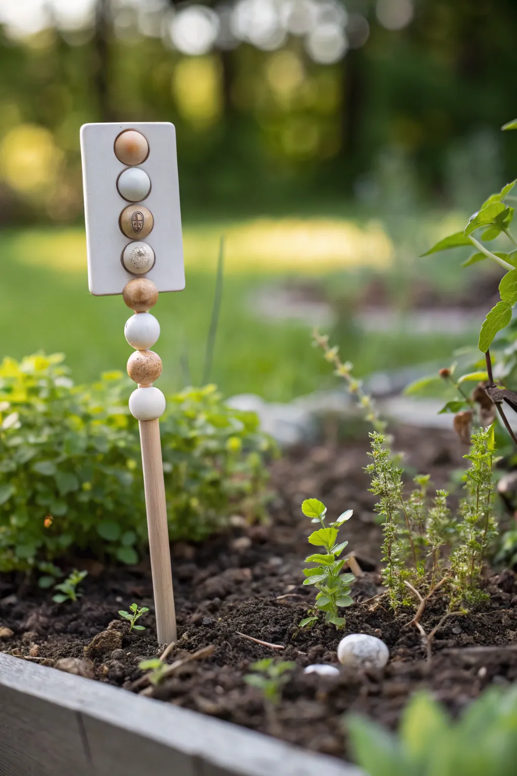 Elevate your herb garden with minimalist bead markers, where simplicity meets nature's beauty.
