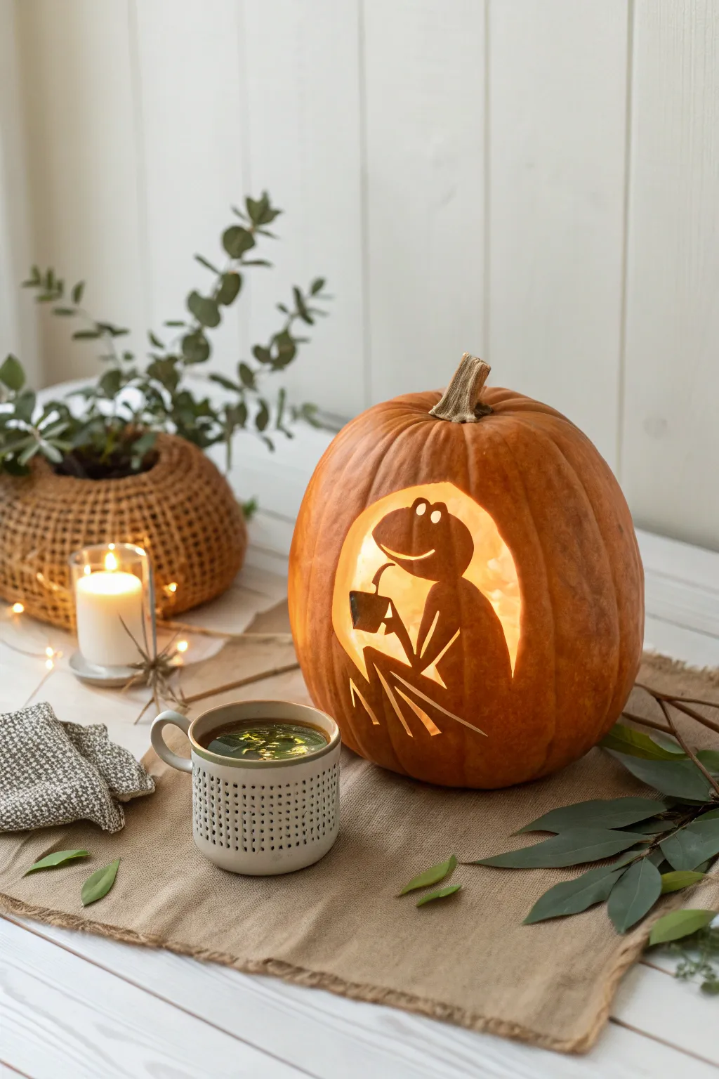 Sip into style with this Kermit pumpkin masterpiece - the perfect blend of whimsy and elegance for your autumn decor.