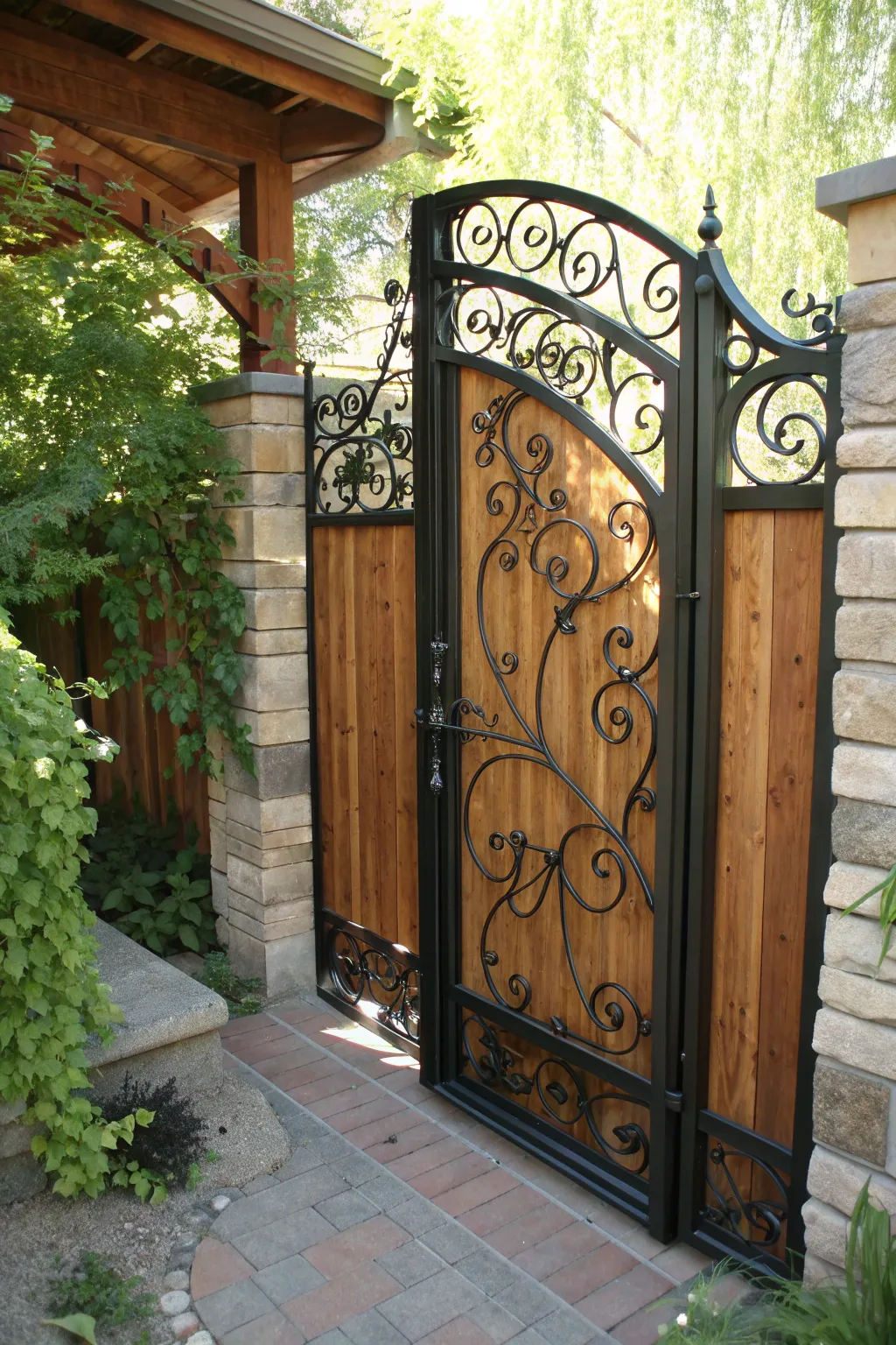 Elevate your garden's entrance with a blend of wood's warmth and metal's strength.