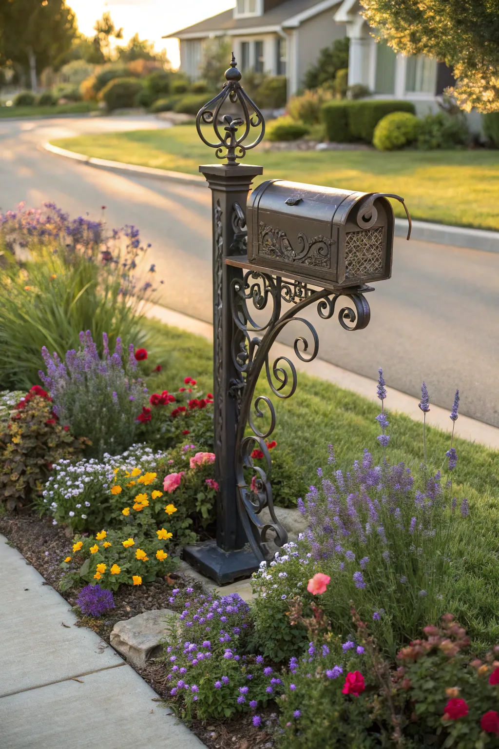 Elevate your curb appeal with a crafted metal mailbox, seamlessly blended into your garden landscape.