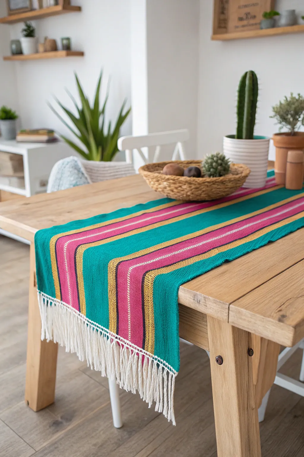 Add a splash of color with this serape-inspired table runner, perfect for those who love a blend of minimalism and vibrant craftsmanship.
