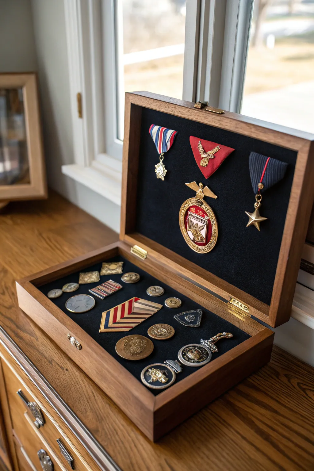 Crafted with honor: A tribute to military service through detailed insignias and badges.