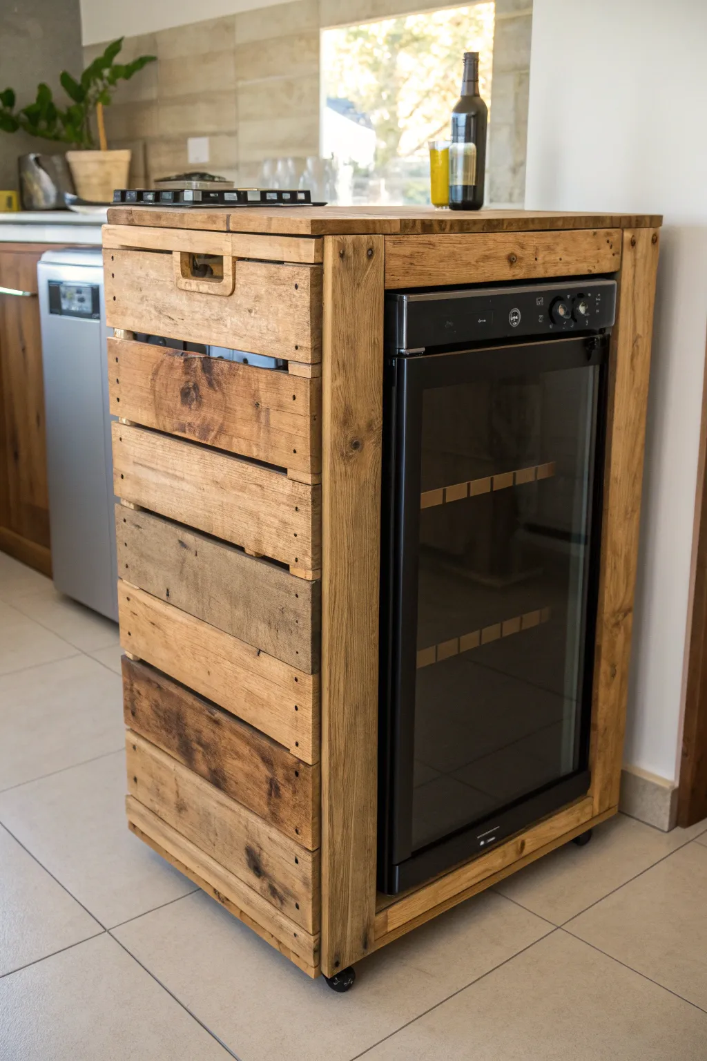 Transform pallets into rustic elegance with this DIY fridge stand.