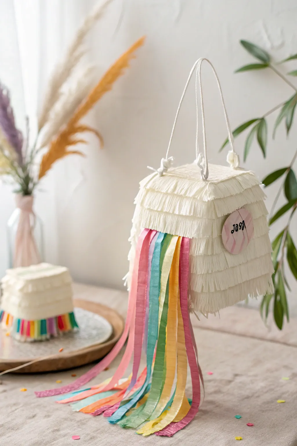 Add a splash of color and elegance to any celebration with these charming rainbow ribbon mini piñatas.