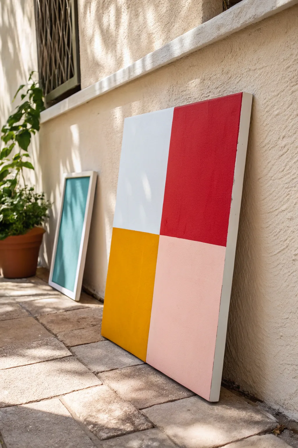 Explore the art of simplicity with bold color blocks in minimalist acrylics.