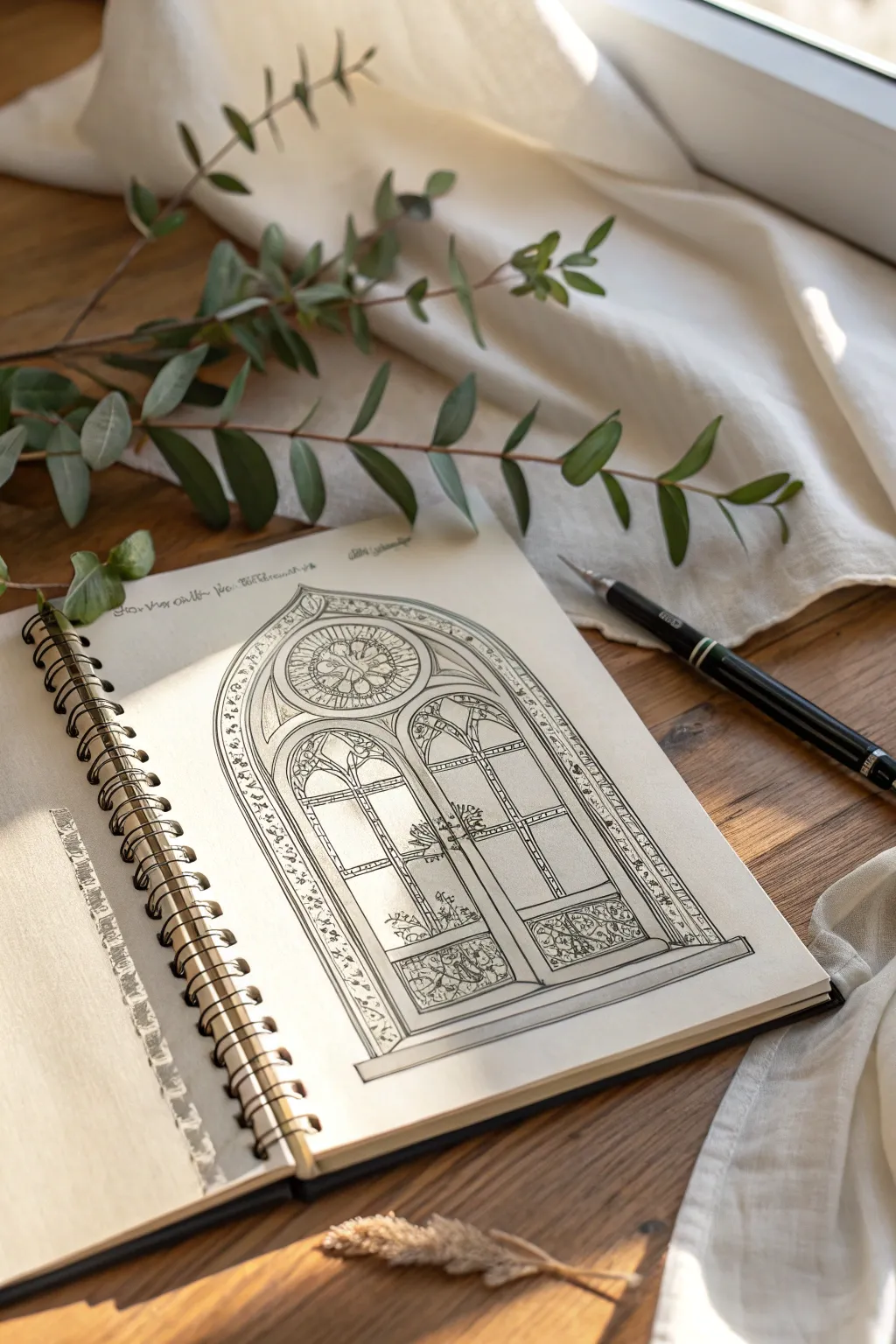 Peek into a world of architectural elegance with intricate window designs on your sketchbook pages. #MixedMediaMagic #ScandiBoho