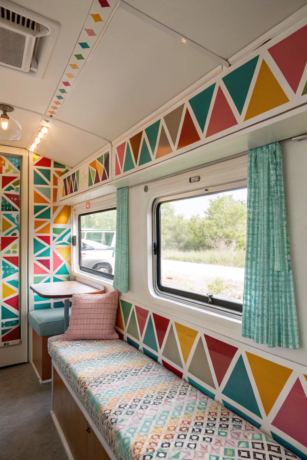 Geometric trim patterns turn windows into art pieces.