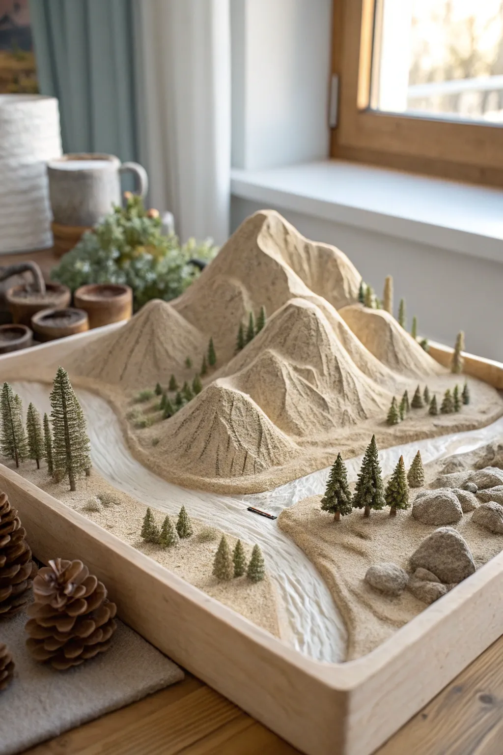 Explore the art of geography with this beautifully crafted clay landscape model, where nature's elegance meets minimalist design.