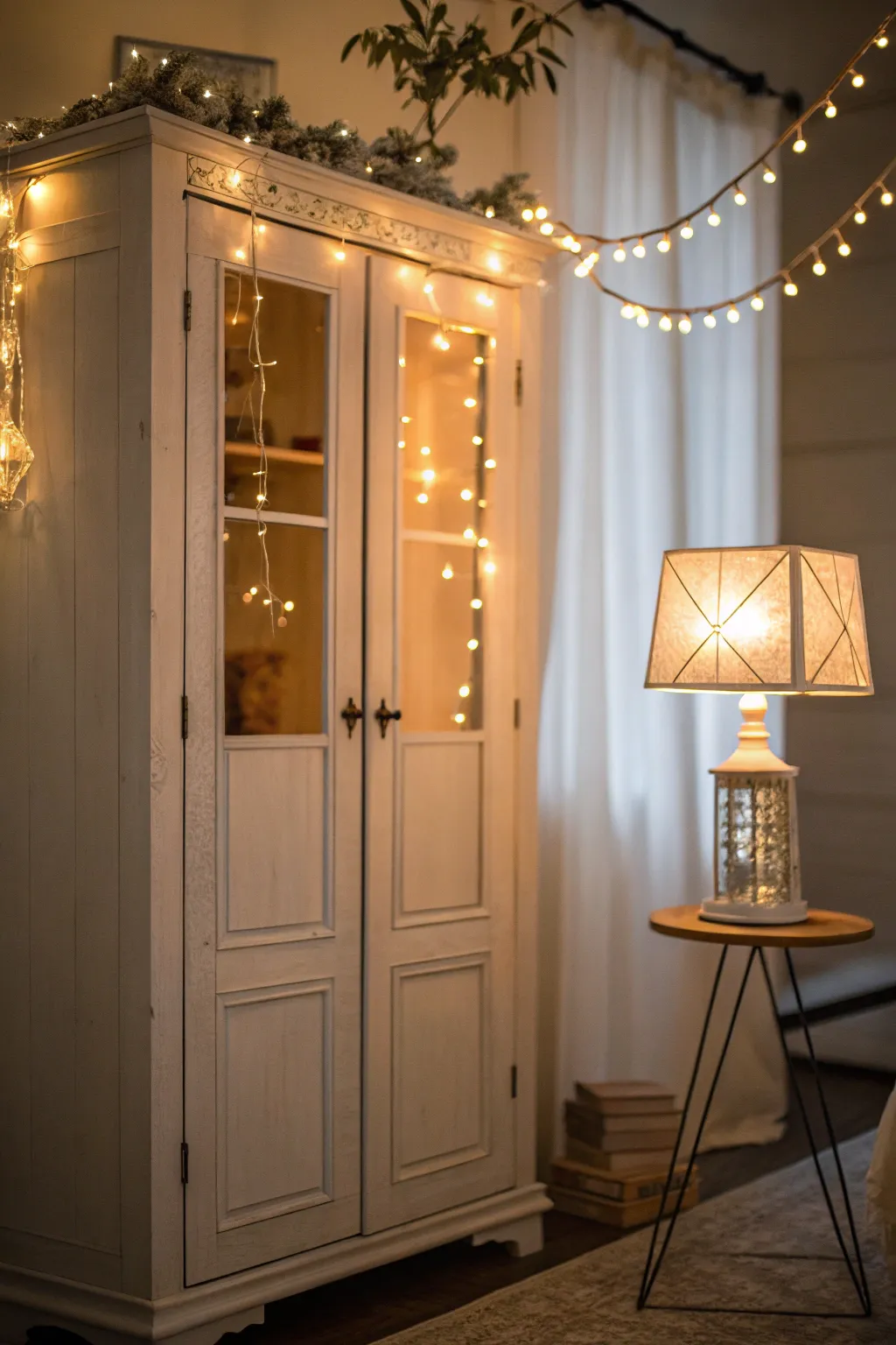 Lighting elements enhancing the decor on an armoire.