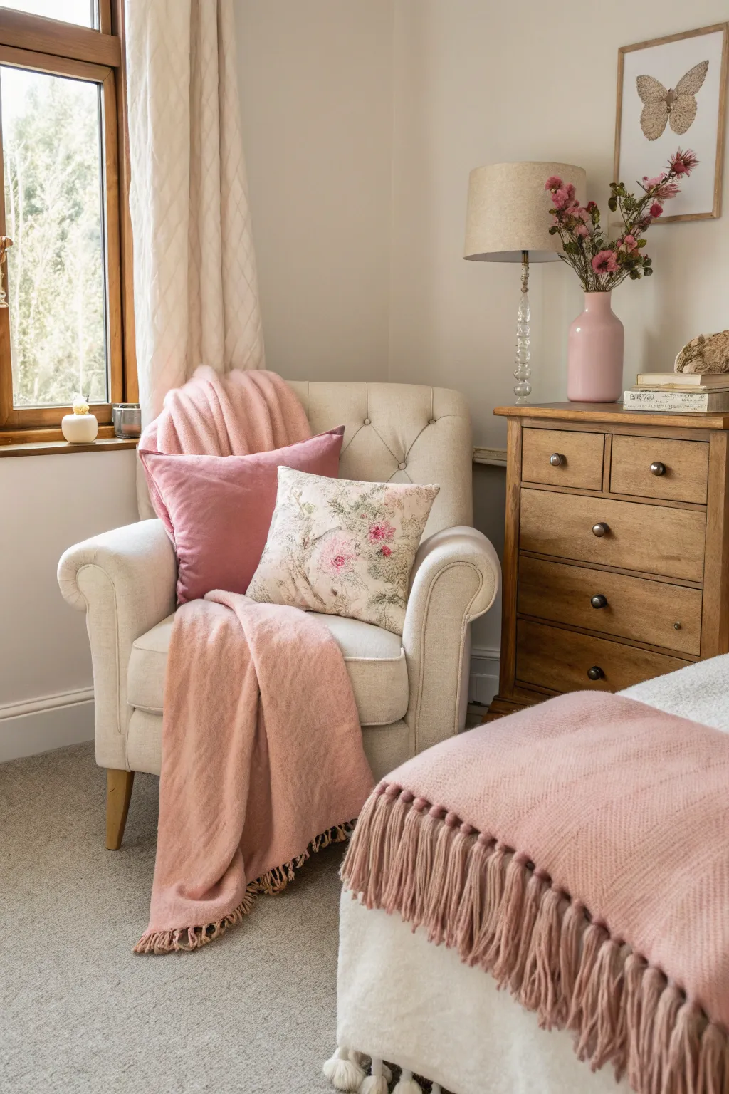 Blush pinks create a serene and inviting atmosphere.