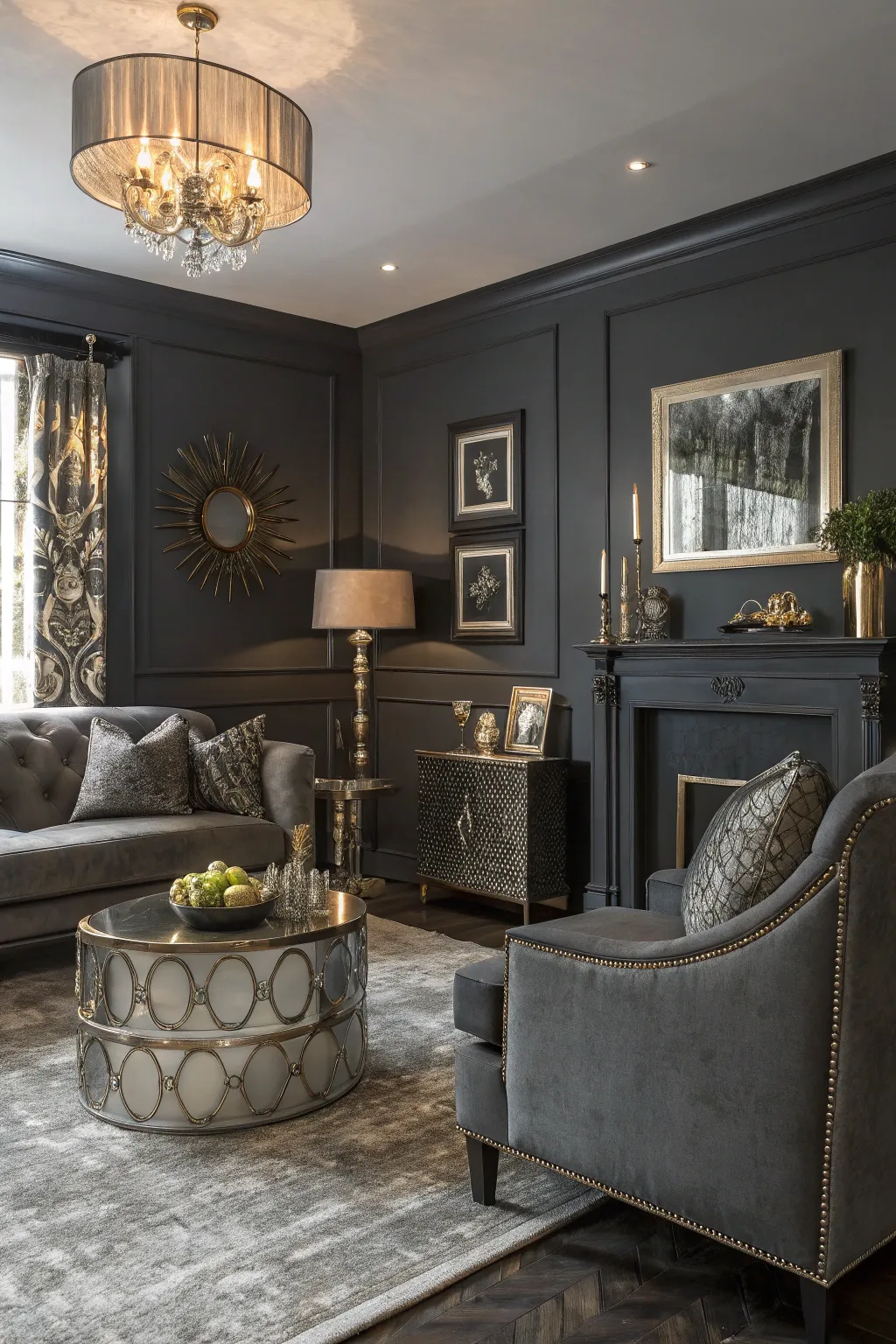 A chic charcoal room that combines drama with comfort.
