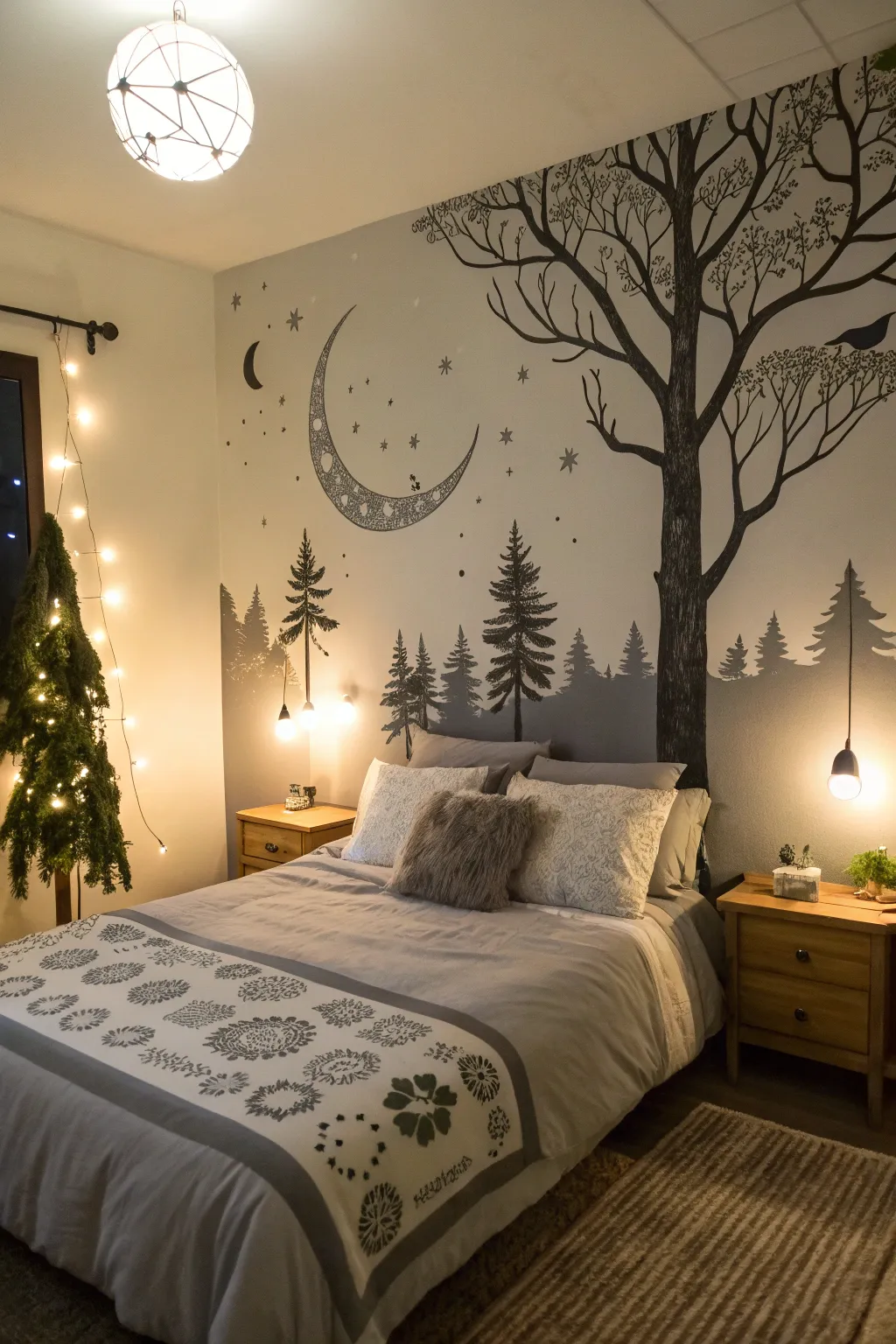 Nature elements evoke a serene moonlit forest ambiance.