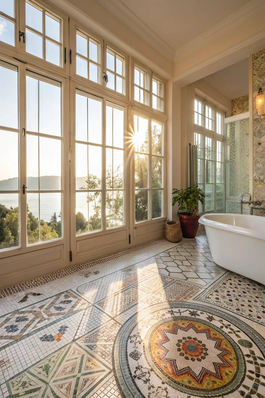 Natural light brings out the beauty of mosaic floor tiles.