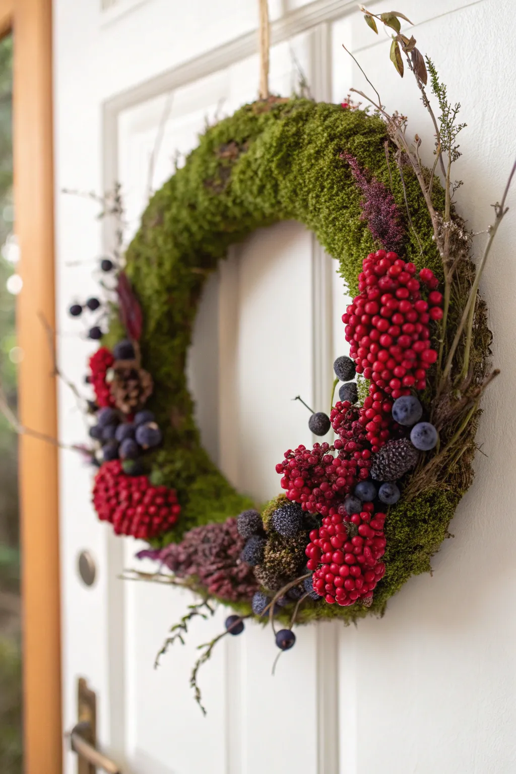 Embrace autumn's charm with this vibrant moss wreath featuring berry accents – a perfect blend of minimalist elegance and natural beauty.