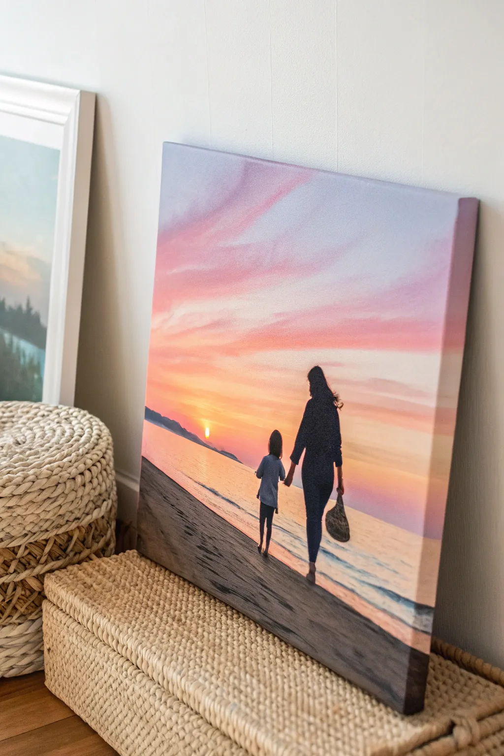Capture the warmth of a mother's love with a serene sunset silhouette painting.