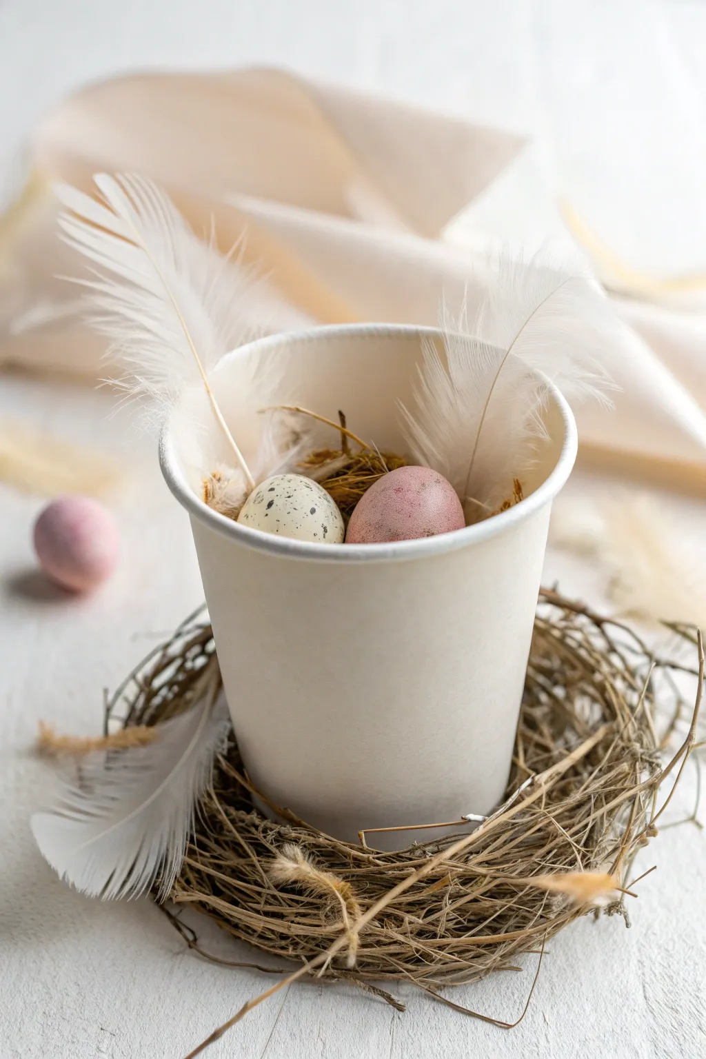 Crafted with care: A simple paper cup becomes a springtime nest of natural beauty.