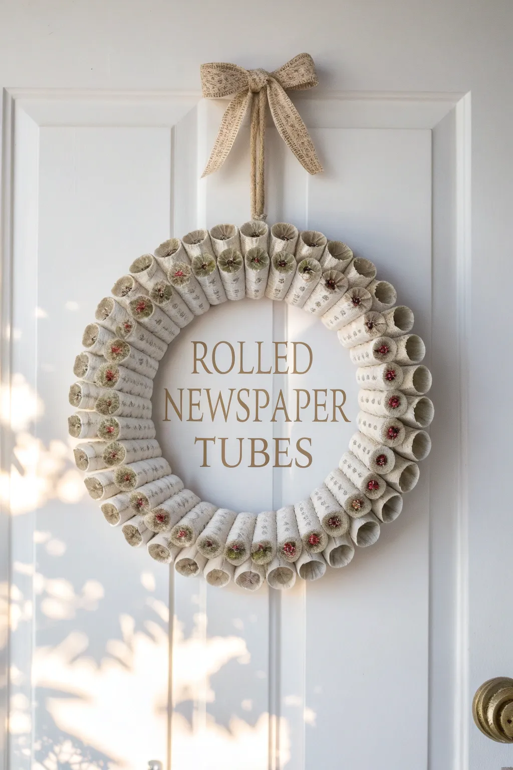 Transform old newspapers into a stunning minimalist wreath for a modern and eco-friendly door decoration.